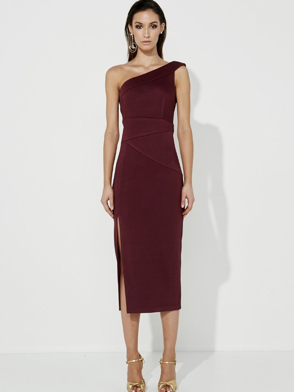 MOSSMAN Off The Wayside One Shoulder Midi Dress Merlot Size US 2